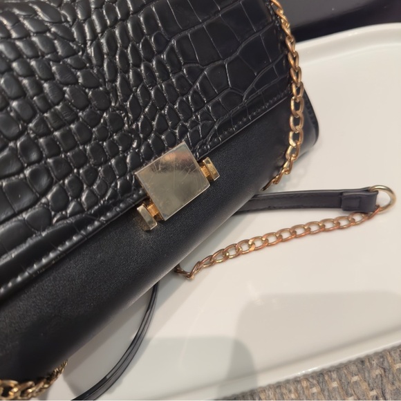 Mistique Black and Gold Fo-Croc-Embossed Wallet Clutch with Chain Detail - Picture 3 of 8